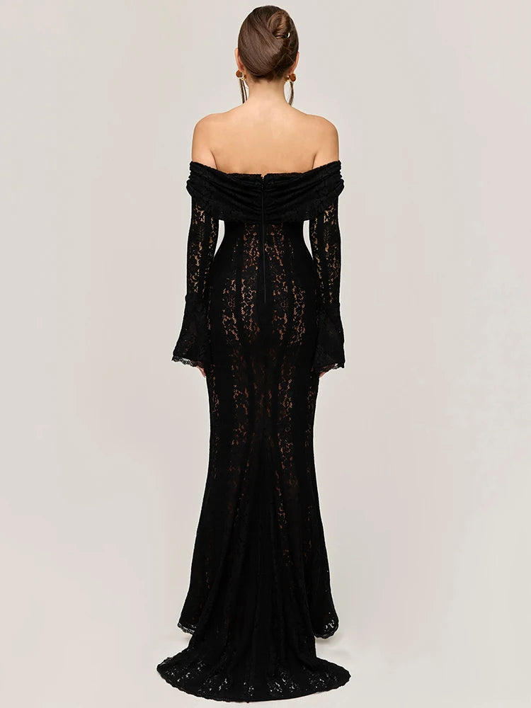 Lace Off-shoulder Maxi Dress Strapless Backless Long Sleeve Bodycon Evening Long Dress