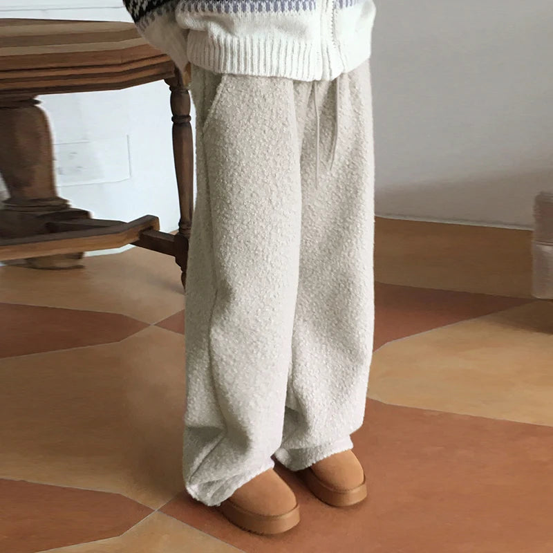 Loose Lamb Wool Trousers Drawstring Wide Leg Pants Pockets Bottoms
