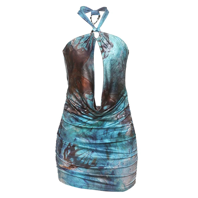 Blue Hollow Backless Mini Bodycon Dress