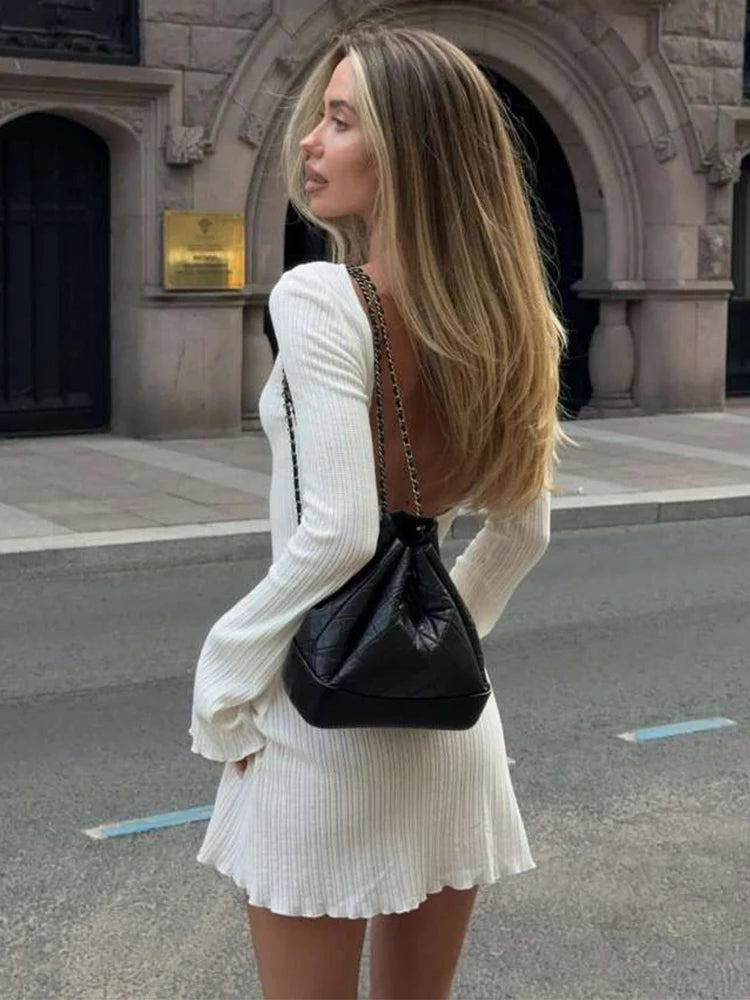 White Backless Full Sleeve A-Line Mini Dress