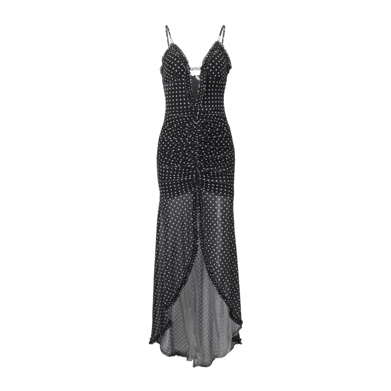 Black Backless V-Neck Polka Dot Maxi Dress