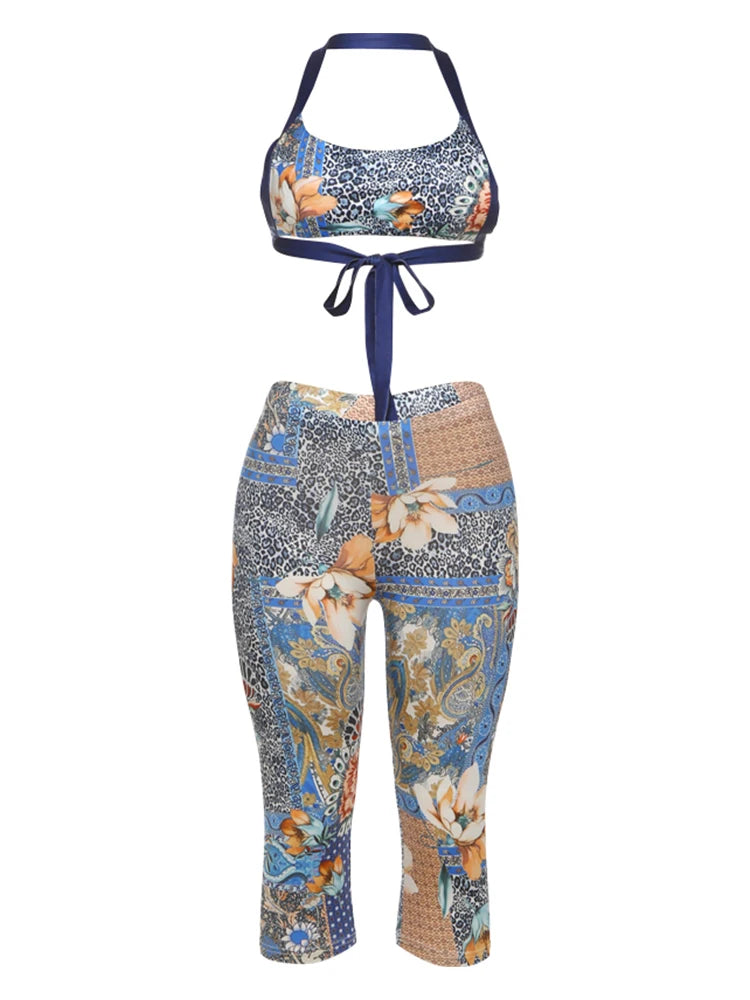 Colorful Print Two Piece Set Tracksuit Backless Camisole Shorts Matching Street Stretch Activity