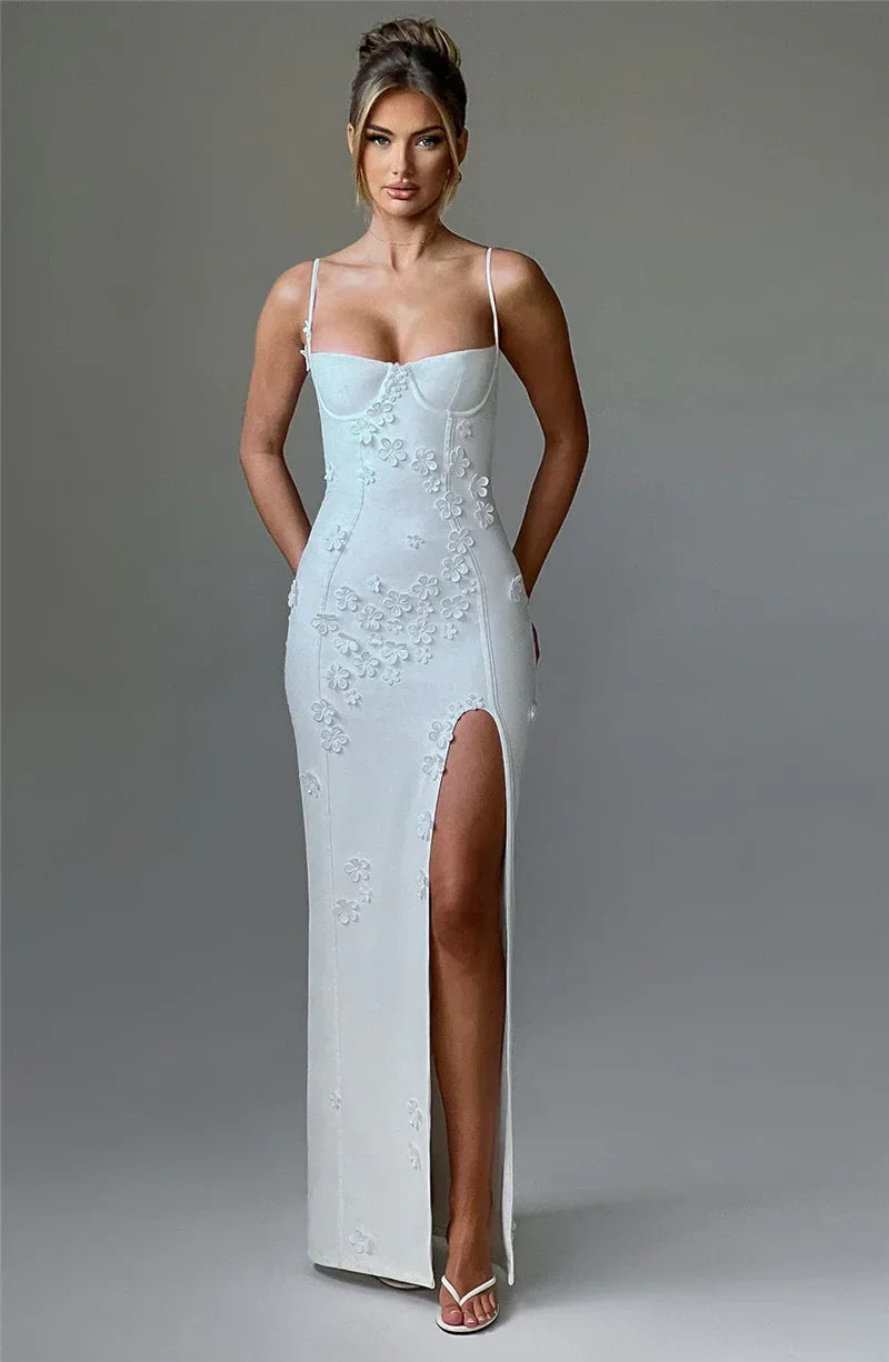 Flower Spaghetti Strap Maxi Dress Off-shoulder Backless Thigh High Split Evening Dress