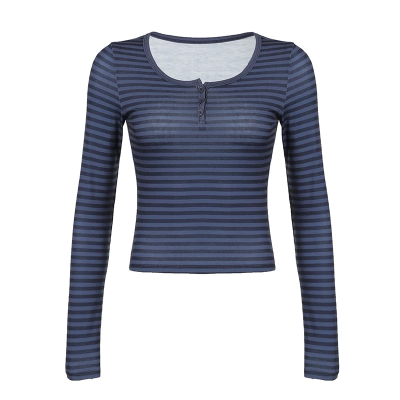 Strip Tee Shirt Button Up Slim Crewneck Top