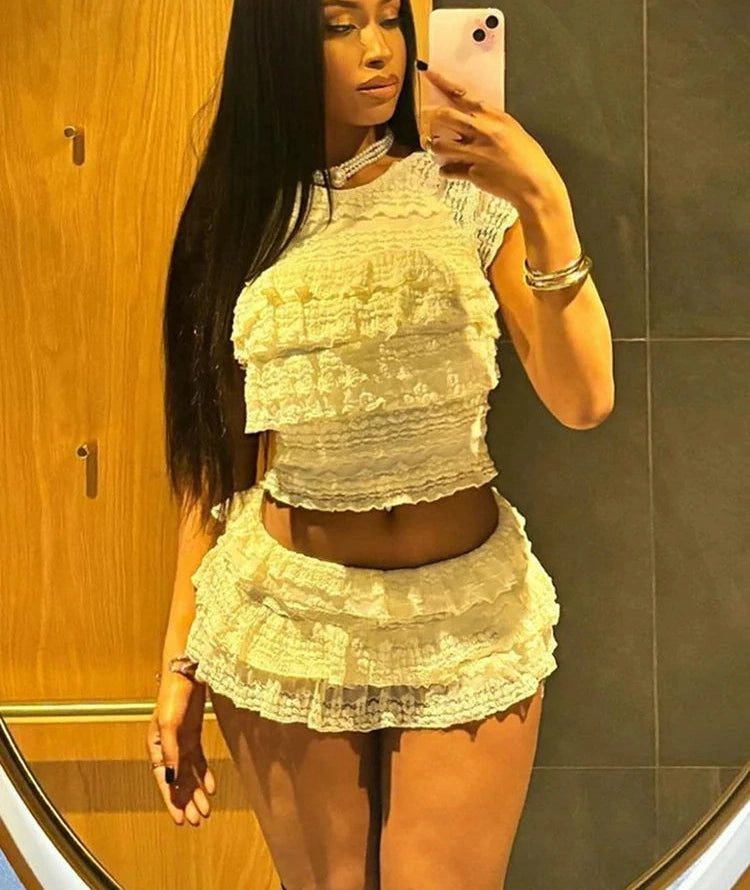 Tierred TwoPiece Set Thin Ruffles Tnak Top Shorts Skirt Concert Matching Suit