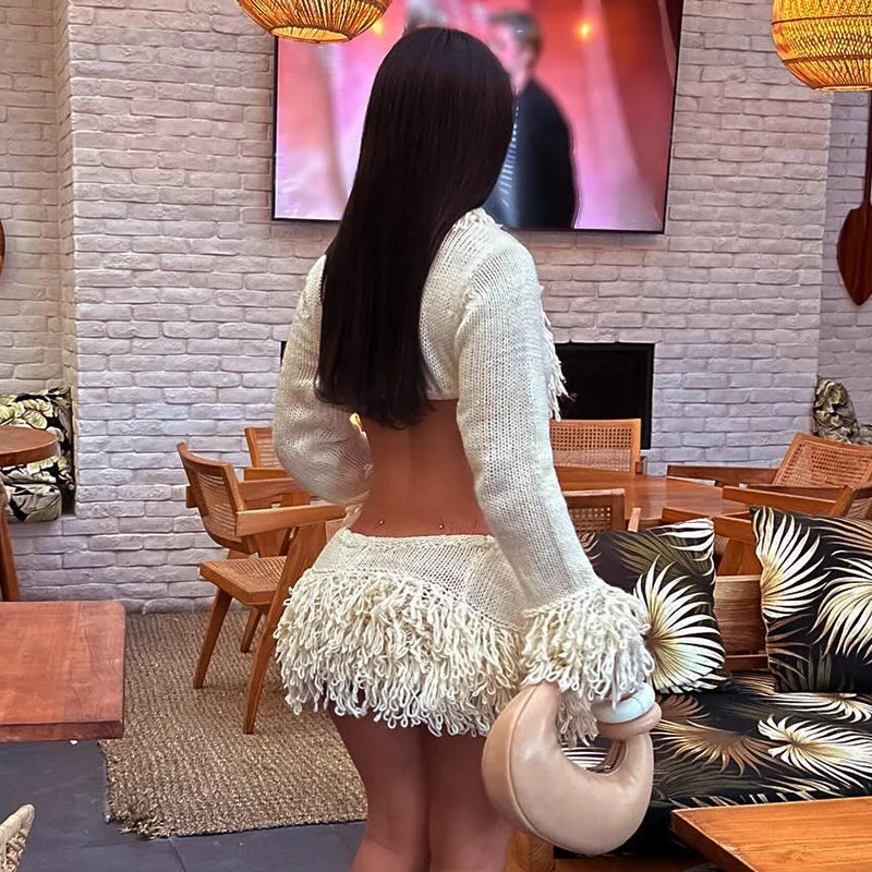 French Knit Set Tie Cardigan Long Sleeve Navel Top Mini Skirt Set Girl