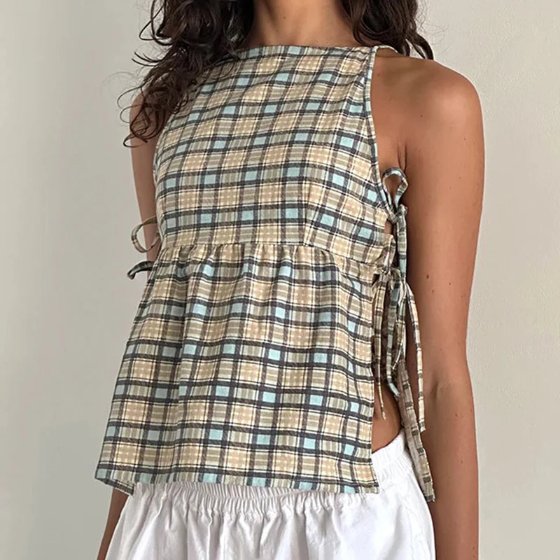 Plaid Cut Out Loose Top