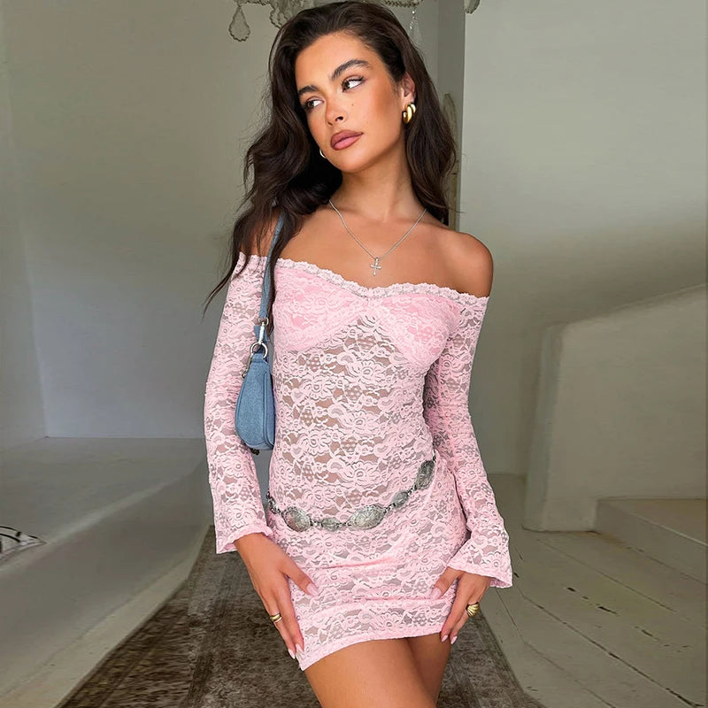 Dress Straple Long Sleeve Mini Dress Lace See Through