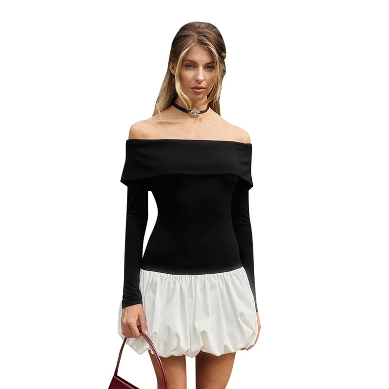 Patchwork Straple Backless Mini Bud Dress Off Shoulder Long Sleeve Skinny Birthday