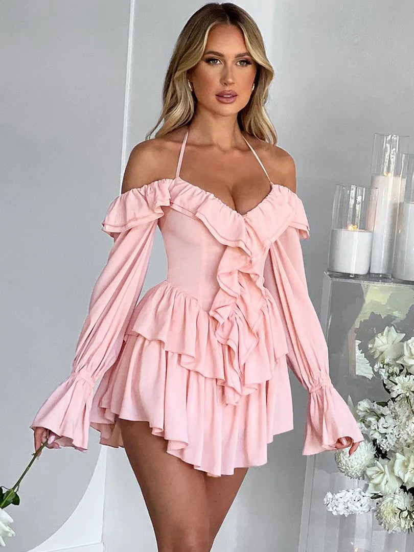 Halter Ruffle Flare Sleeves Mini Dress