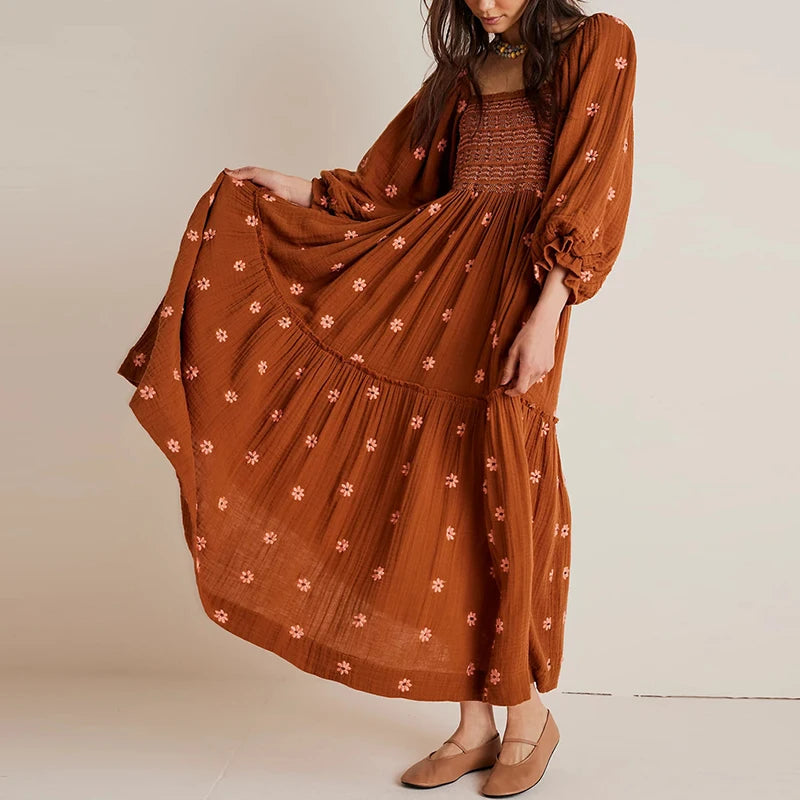 Ruffle Swing A Line Maxi Dress Bohemian Floral Dress Square Neck Long Sleeve Dress