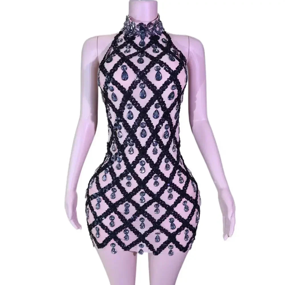 Sparkly Silver Sequins Crystals Short Dress Sleeveless Transparent Birthday Dress Singer Show Wear
