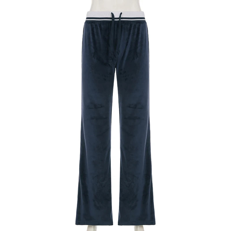 Patchwork Loose Velvet Pants Lace-up Wide Leg Trousers Baggy 's Bottoms