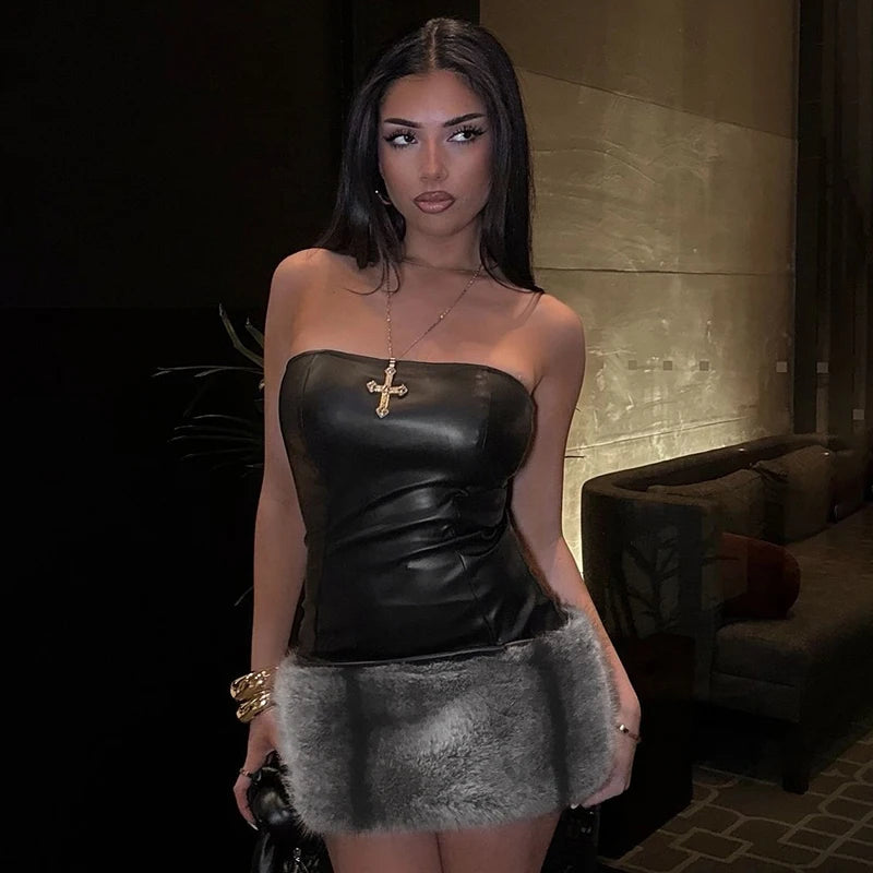 Butier Mini Dress Collarle Leather Butier Pluh Splicing Package Hip Short Dress