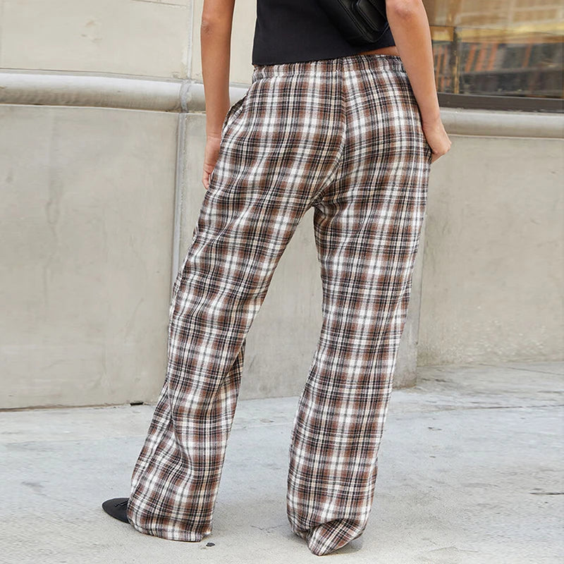 Drawstring Plaid Pants Elastic Waisted Sweatpants Straight Pants