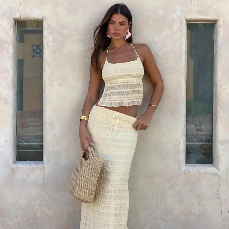 Chiffon Backless Ruched Skirt Suit Apricot Spaghetti Strap Top Long Skirt Slim