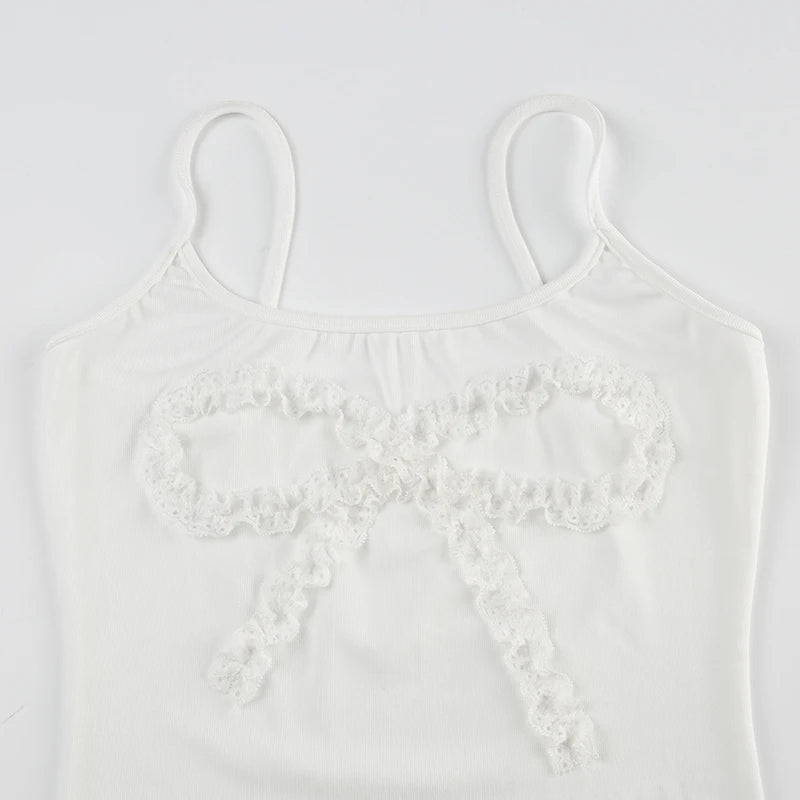 Lace Bow Patches White Basic Cute Camisole Sleeveless Slim Crop Top Tank Vest