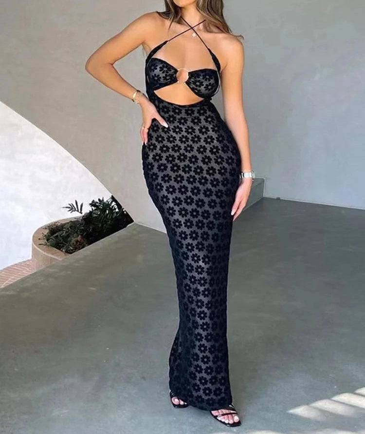 Solid Color Hanging Neck Maxi Dress Hollow Perspective Bag Hips Street y Dress