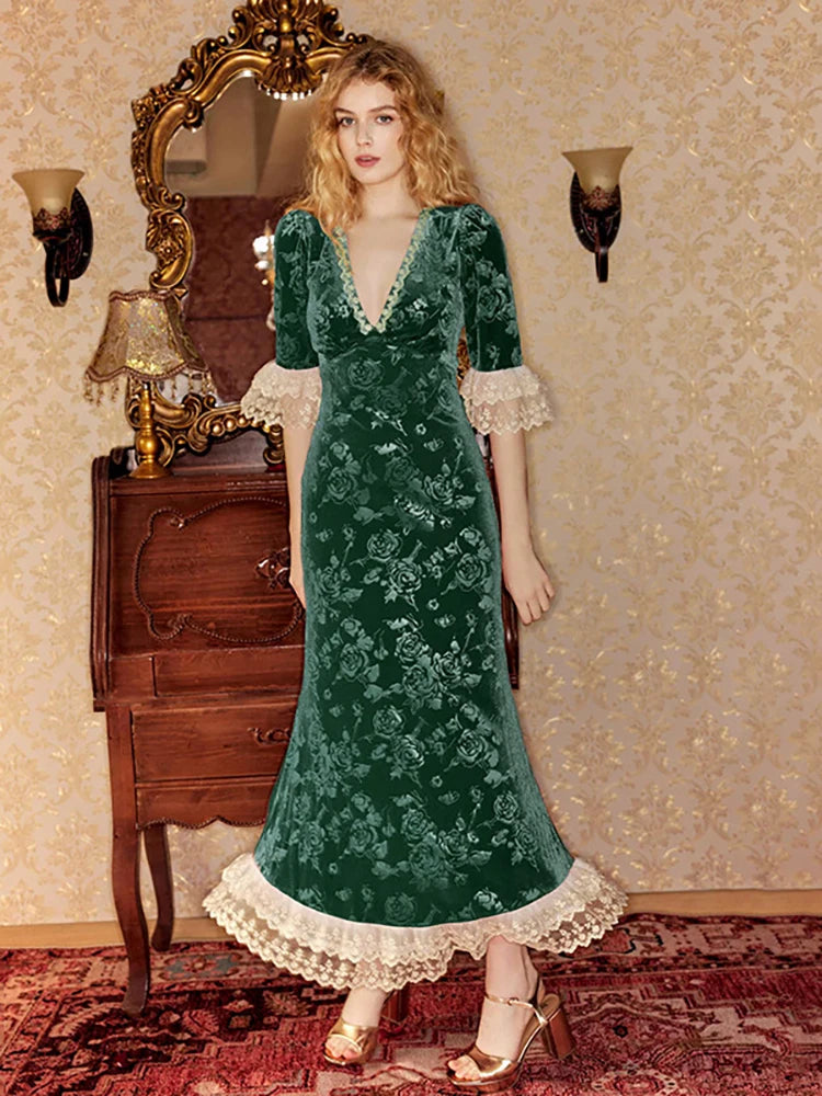 Patchwork Deep V-neck Lace Maxi Dress Short Sleeve ed Floral Dress French