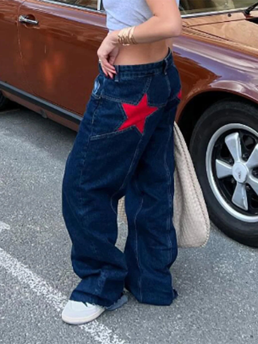 Star Pattern Loose Straight Leg Denim Low Waist Jeans
