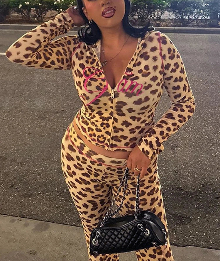 Leopard Crop Jacket Flared Pants Two Piece Set