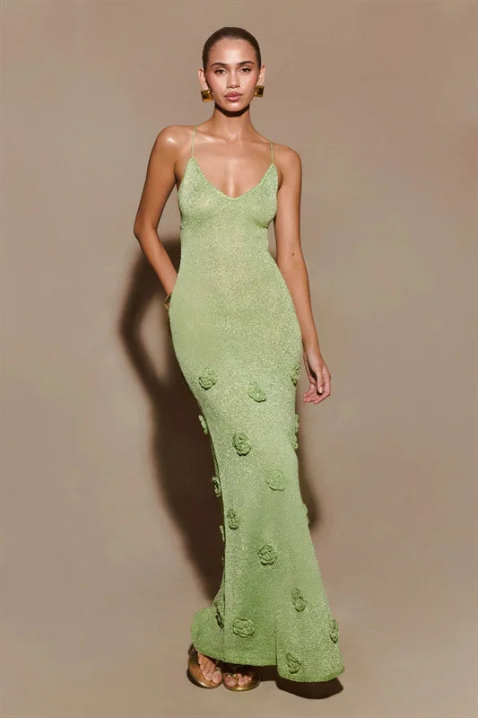 Knitted Backless 3D Flowers Dress Green Spaghetti Strap Long Dress
