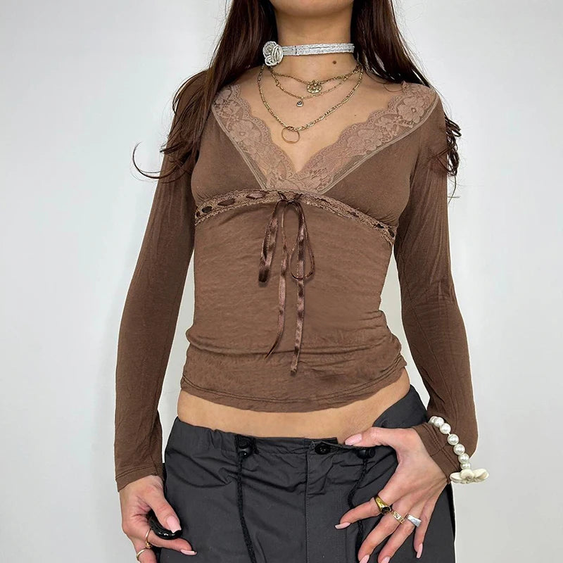Lace Patchwork Brown T-shirts Long Sleeves Retro Top Tee