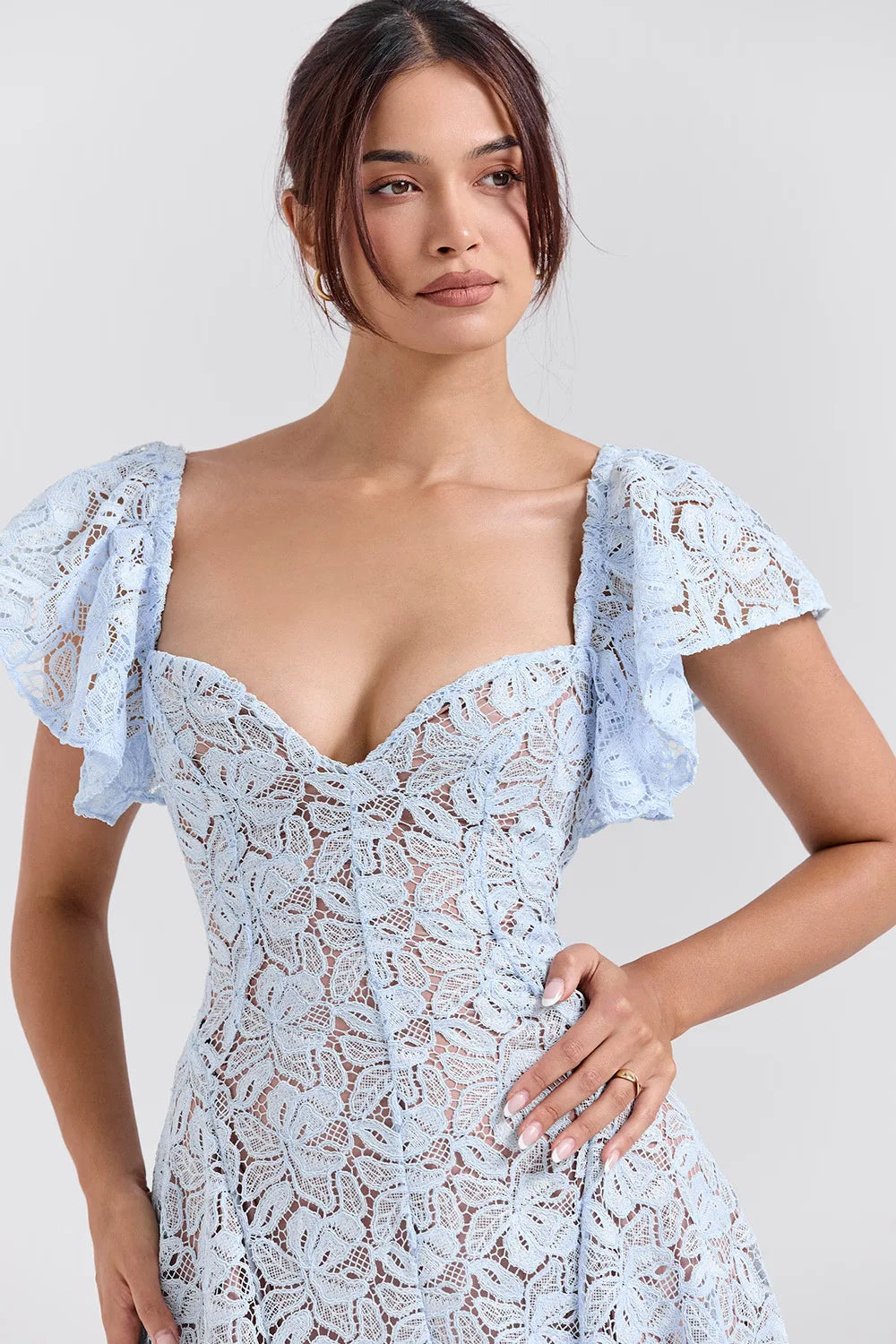 Blue Lace Flare Sleeve Dress