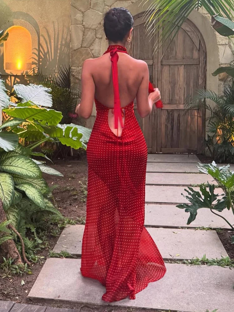 Point Dress Halter V-neck Lace Up Backless Maxi Bodycon Trend