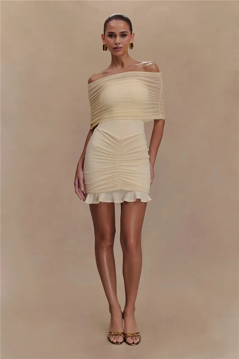 Mesh Strapless Off-shoulder Ruffled Mini Dress Backless High Waist Ruched Dress