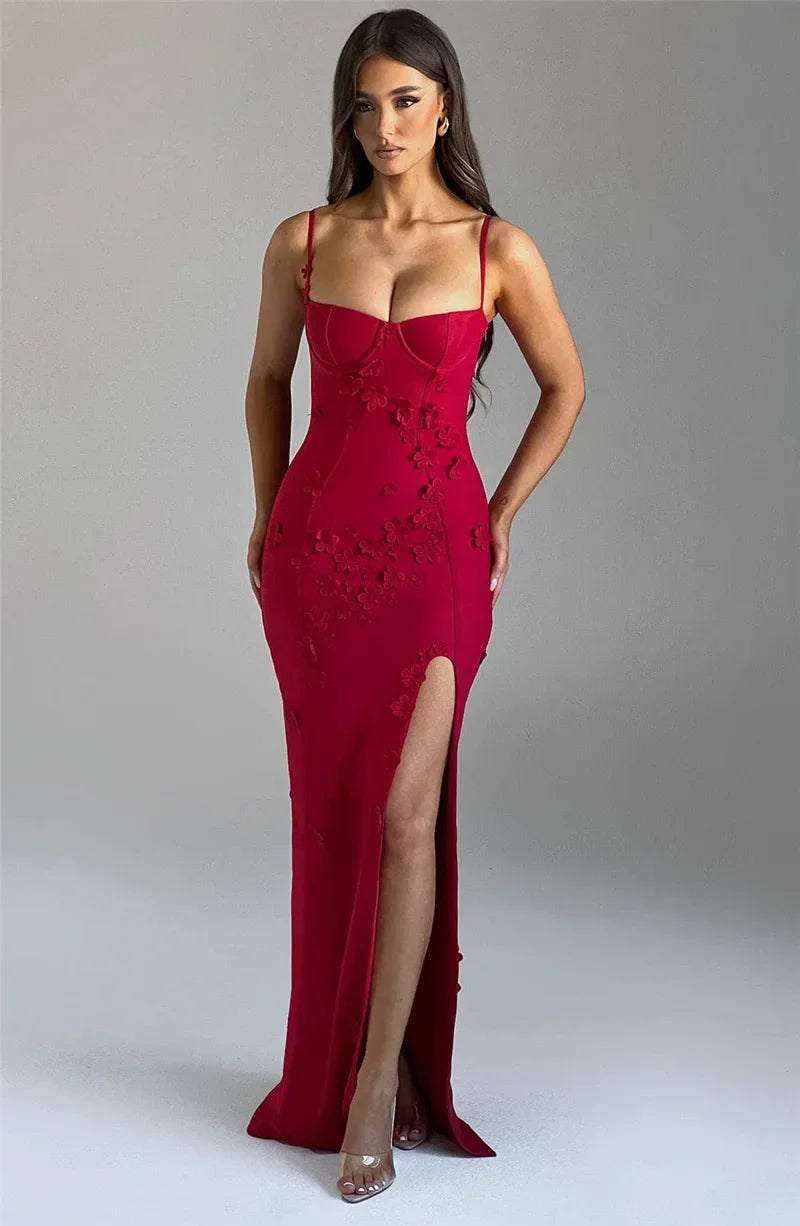 Flower Spaghetti Strap Maxi Dress Off-shoulder Backless Thigh High Split Evening Dress