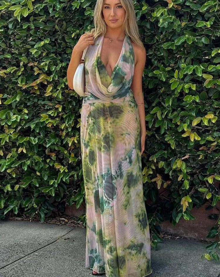Backless Halter Mesh Ruffles Matching Suit