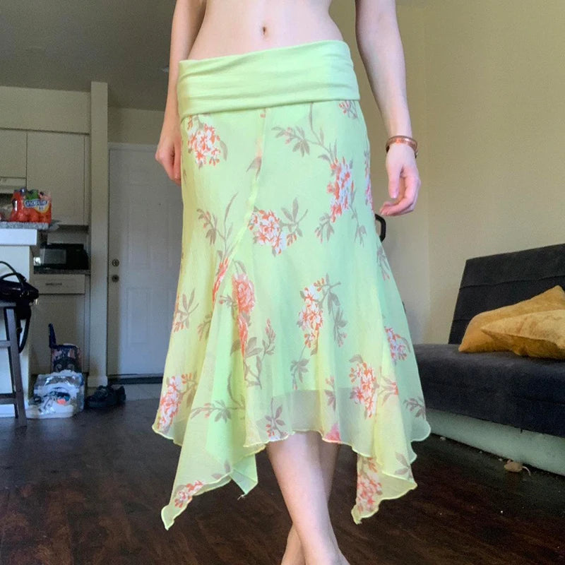 Floral Printing Asymmetric Hem Dress Colorful Fold Low Waist Mesh Sundress Bottoms