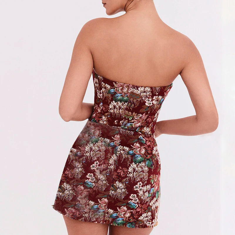 Sleeveless Strapless Sheath Floral A-Line Hem Button Mini Short Girl