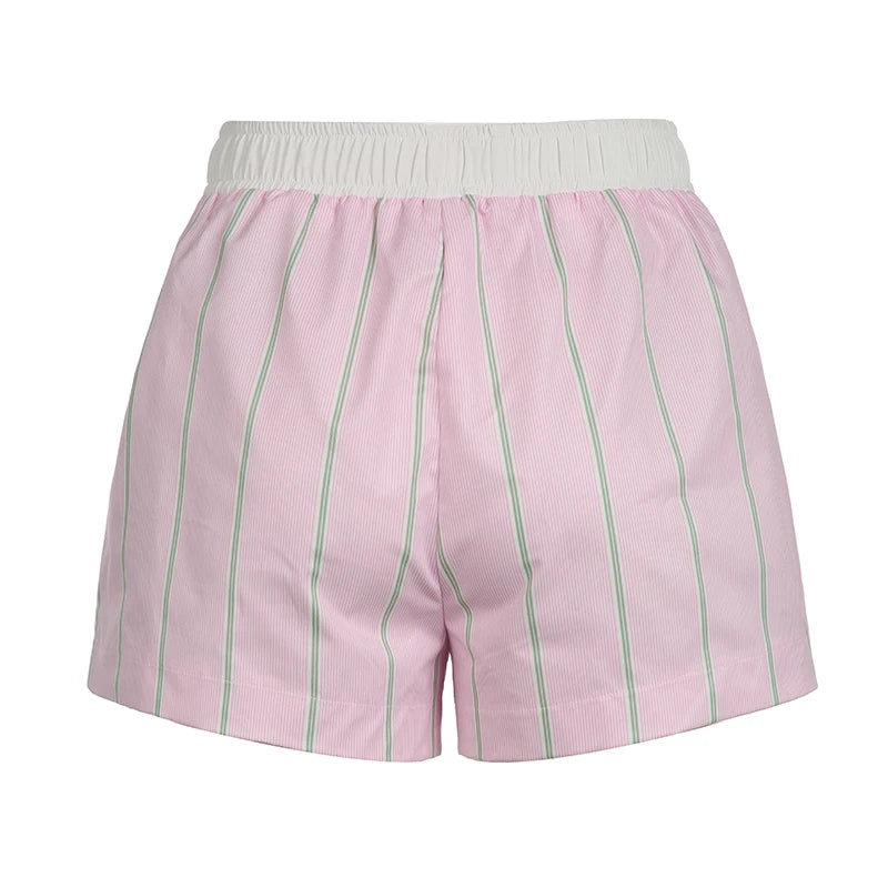 Striped Print Shorts Patchwork Buttons 's Shorts