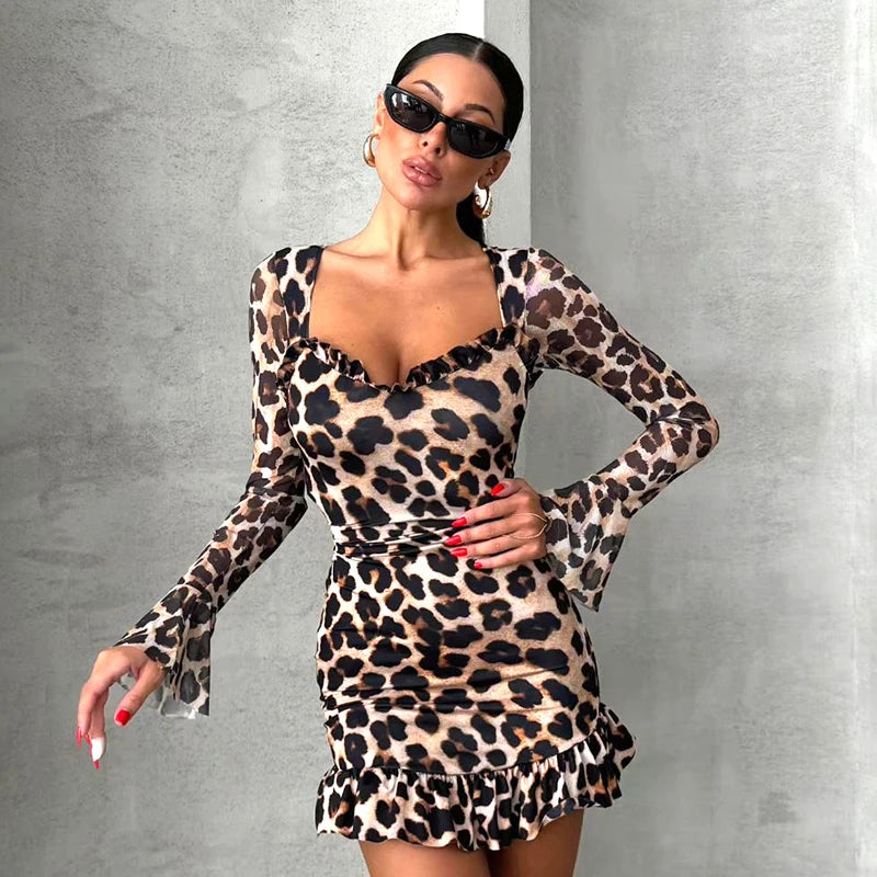 Meh Patchwork Leopard Flare Sleeve Mini Dress