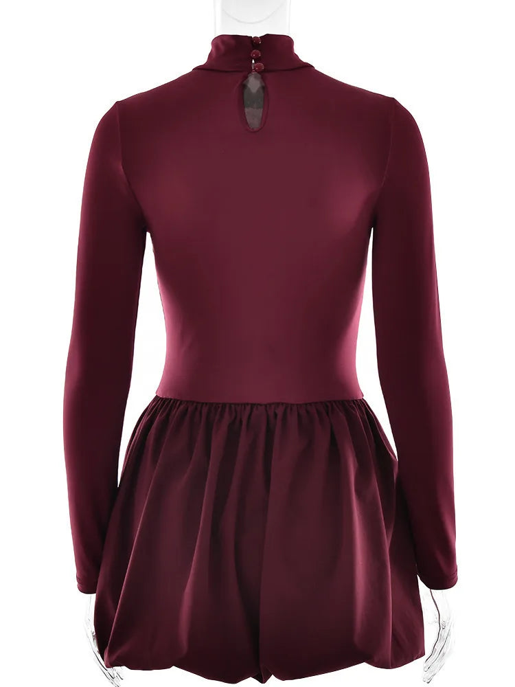 Patchwork Turtleneck Long Sleeve Mini Dress Burgundy High Waist A-line Dress Slim Street