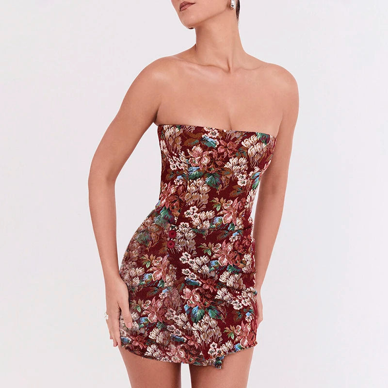 Sleeveless Strapless Sheath Floral A-Line Hem Button Mini Short Girl