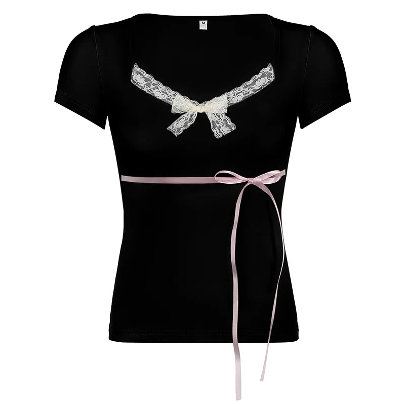 Lace Patchwork Tee Shirts Lace-up Kawaii Cropped Slim Top Tee