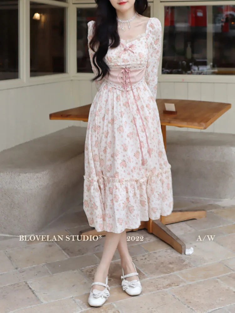 Spring Pink Floral Dress Bandage Lace Print Dress Puff Sleeve Kawaii Dress Princess Fairy