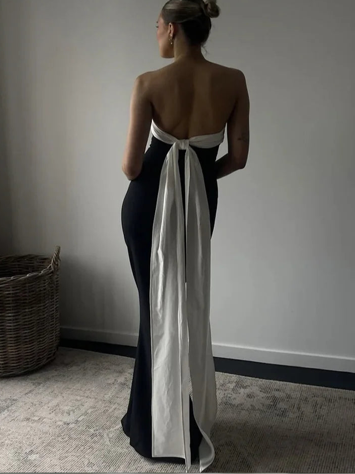 Black White Patchwork Dress Chest Wrap Extra-Long Tassel Backless