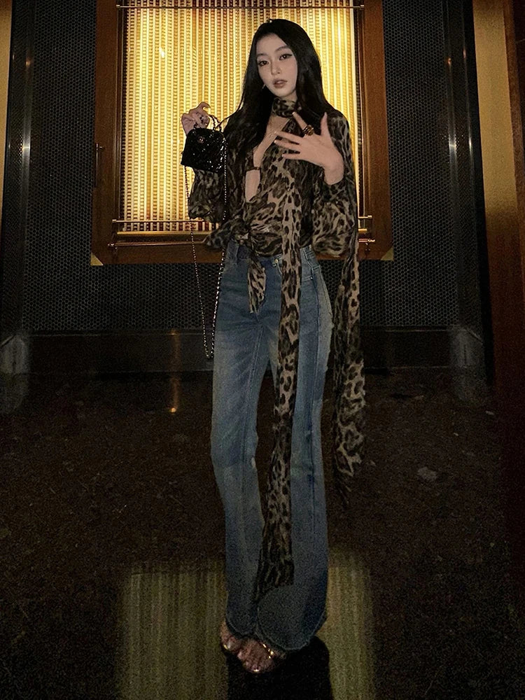 Leopard Chiffon Halter Long Sleeve Shirt