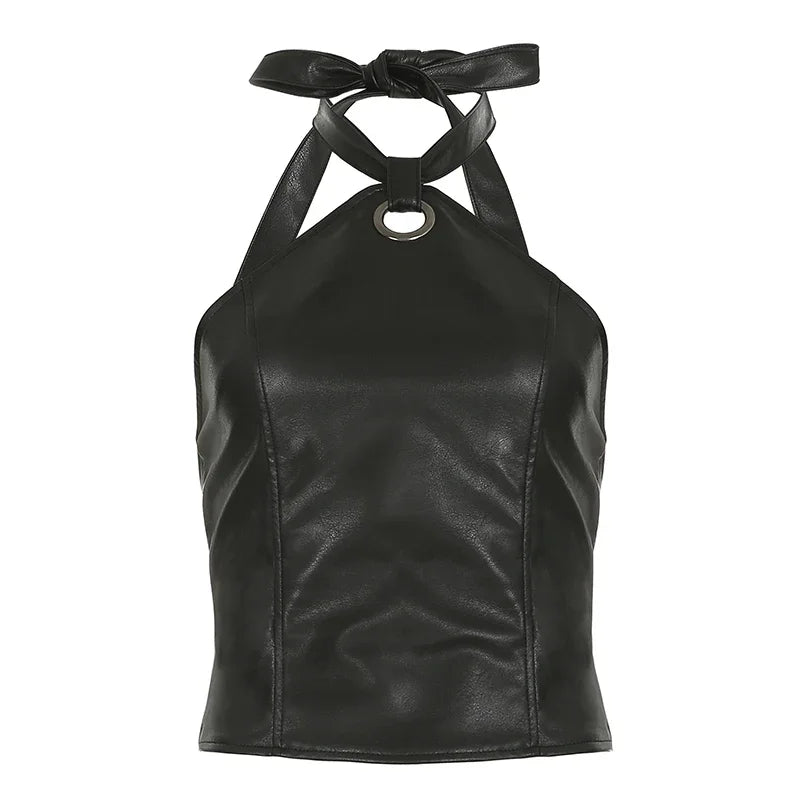 Leather Backless Halter Top