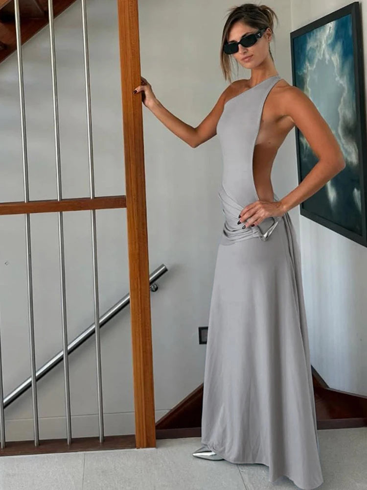 Concise Incline Shoulder Ribbons Backless Sheath Maxi