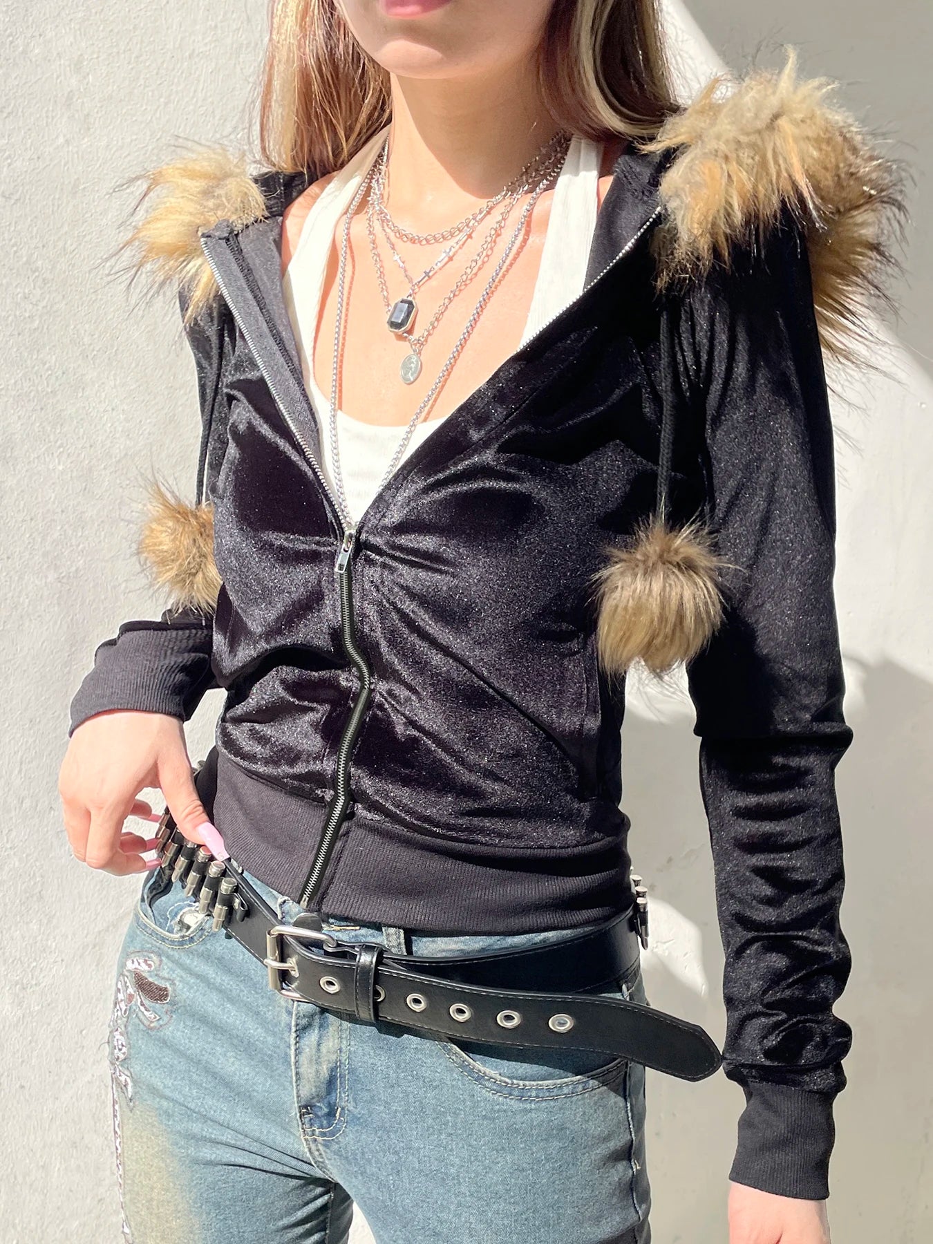 Zip Up Fur Neck Hoodie Coats 's Jackets Front Pockets