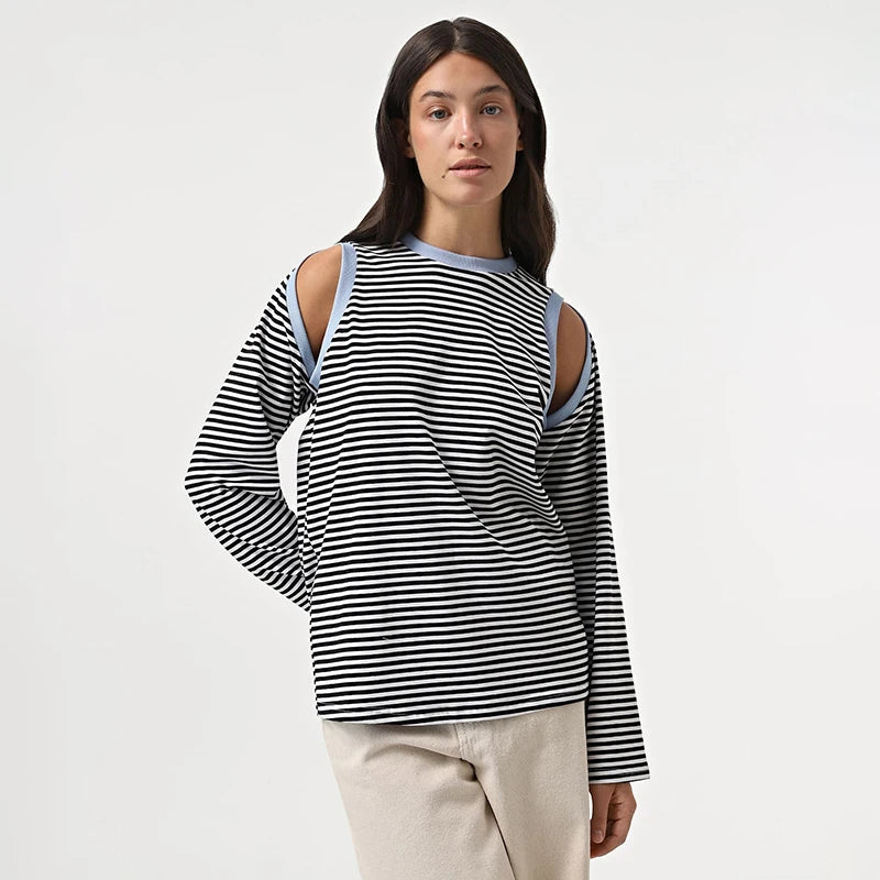Strip Contrast Off-Shoulder Long Sleeve Top