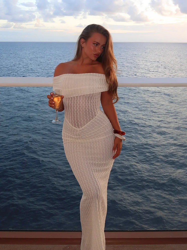 Claic Emborider Dress Off Shoulder Sleevele Sheath Maxi Trend