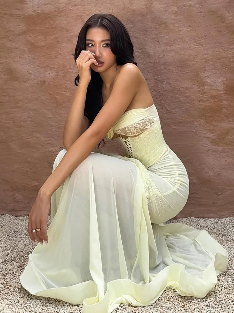 Patchwork Mesh Maxi Dress Shirring Fishtail Ruffles Hollow Bandage Banquet