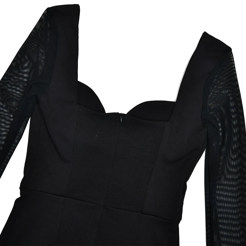 Backless Plunge Collar Mesh Mini Dress Long Sleeve High Stretch Dress Femme Outfit