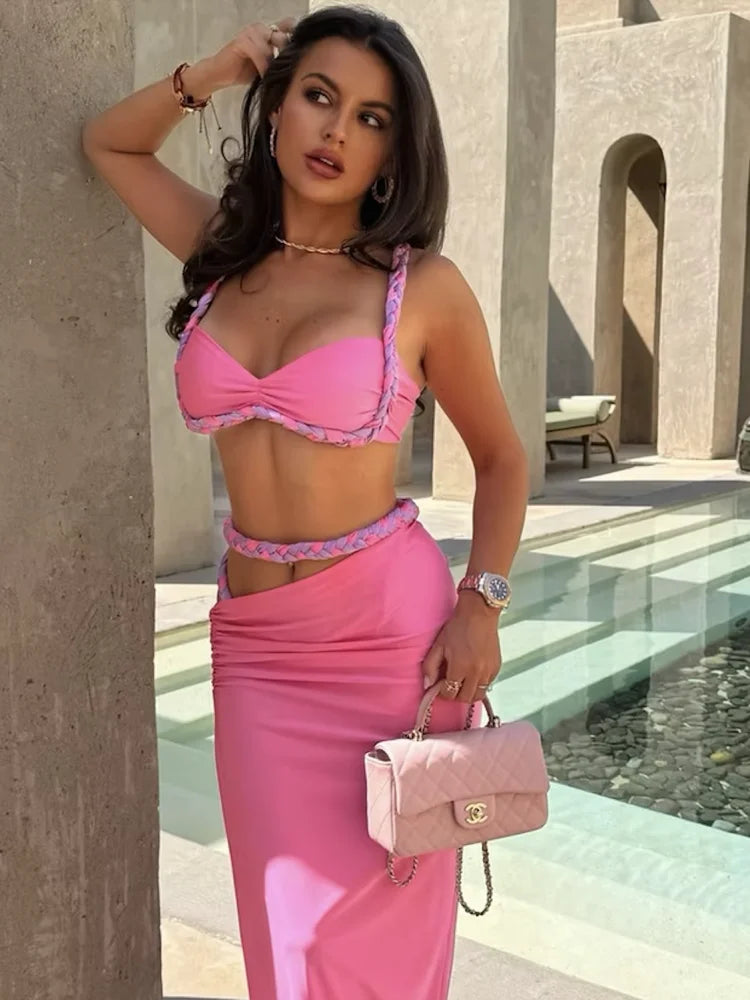 Stunning Woven Strap Splice 2 Piece Set Low Neck Mini Cami Split Slah Wait Maxi Skirt